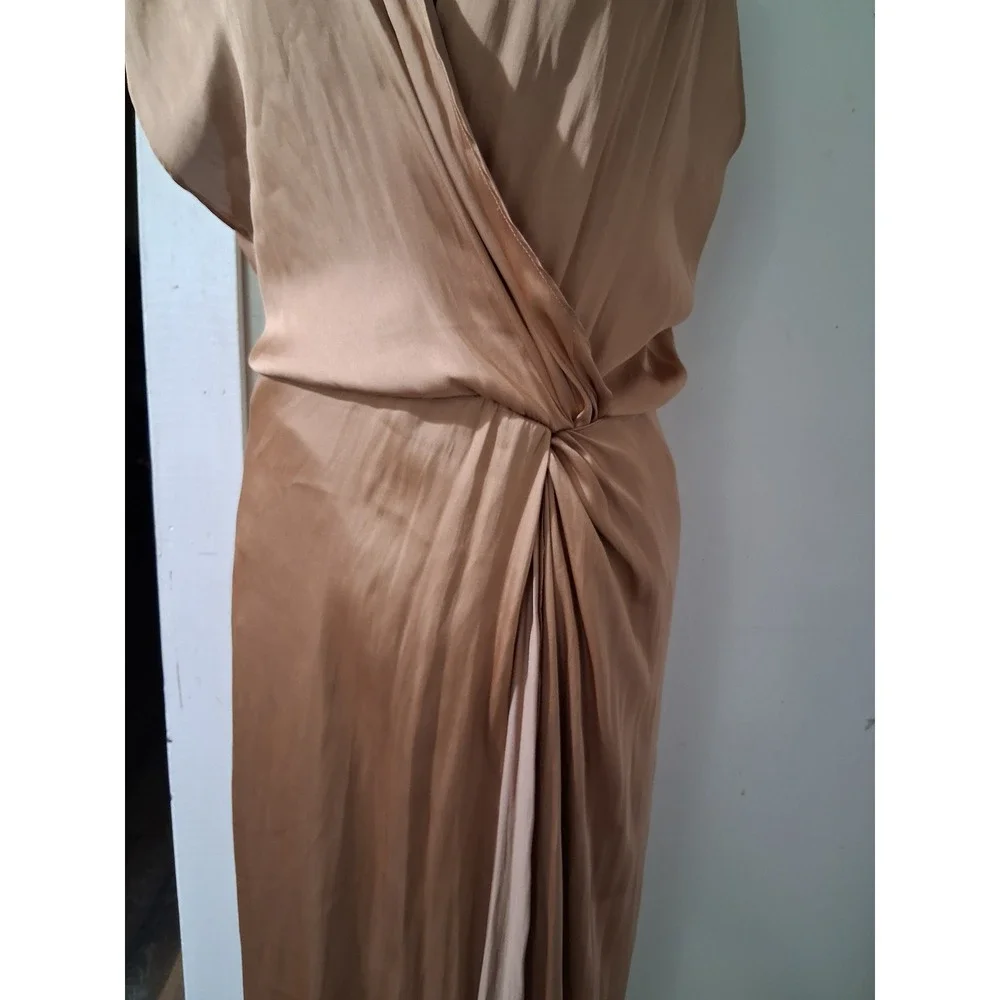 Reset by Jane Champagne Satin Draped Twist Front V-Back Midi Dress Womens Size M
